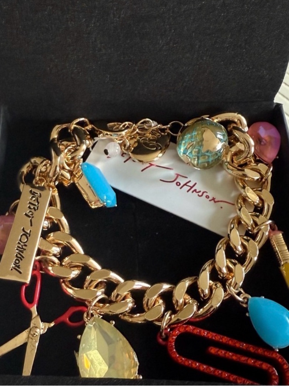 Betsey Johnson Teacher Charm Bracelet with Turquoise, Red, Pink & Yellow Accent